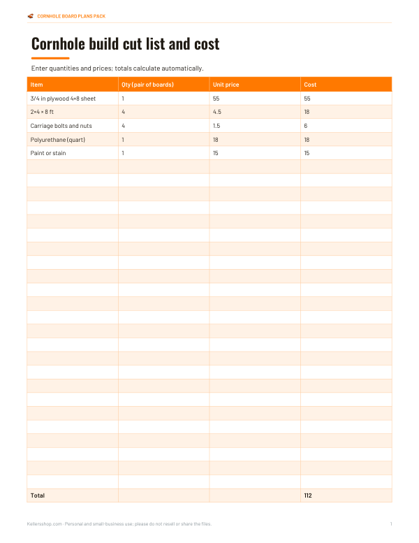 Preview of Printable Cornhole Cut List and Cost